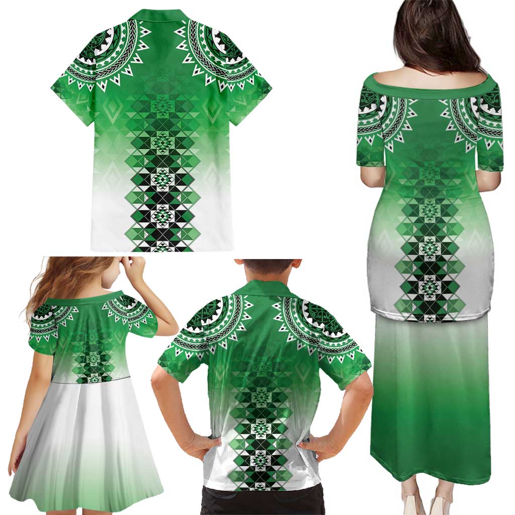 New Zealand Family Matching Puletasi and Hawaiian Shirt Poutama Mix Green Taniko Inspired Art LT05 - Polynesian Pride