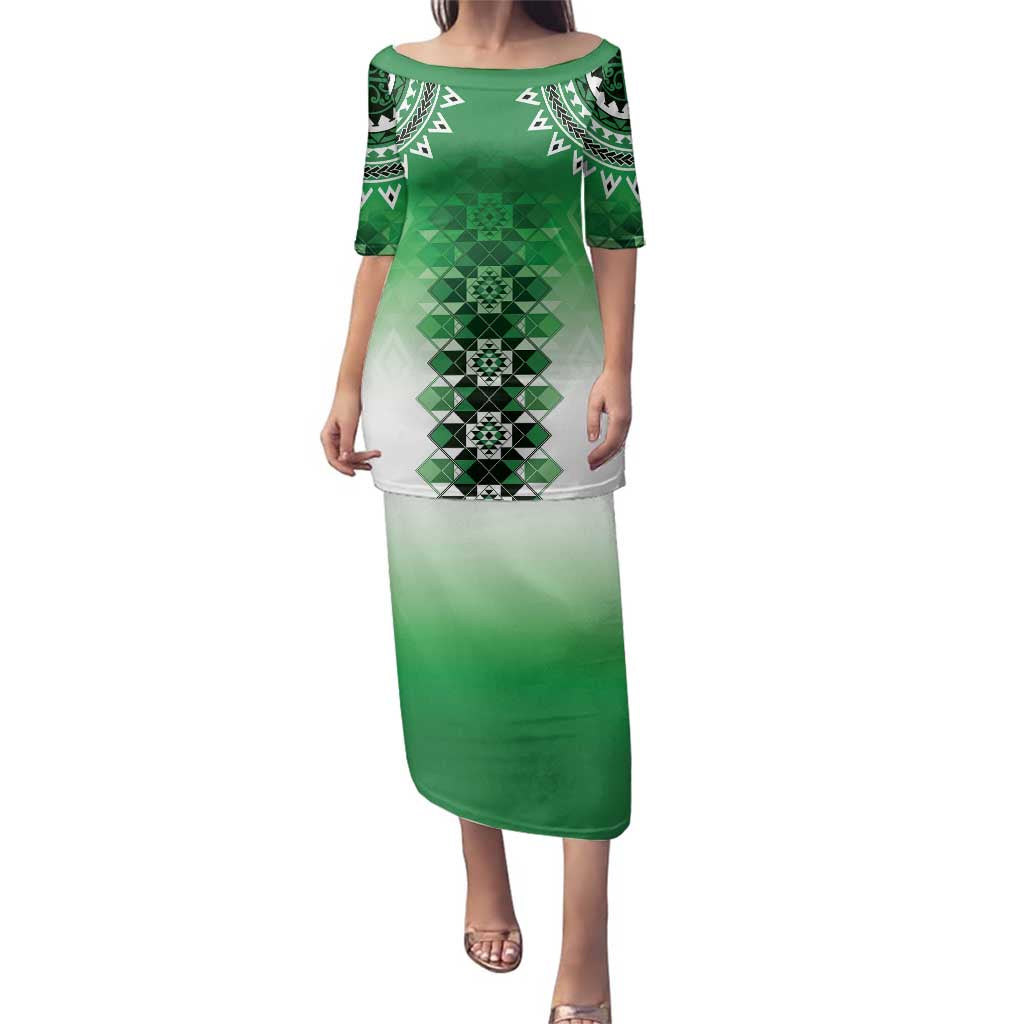 New Zealand Family Matching Puletasi and Hawaiian Shirt Poutama Mix Green Taniko Inspired Art LT05 Mom's Dress Green - Polynesian Pride