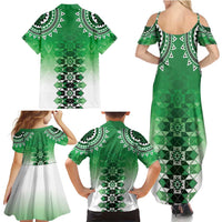 New Zealand Family Matching Summer Maxi Dress and Hawaiian Shirt Poutama Mix Green Taniko Inspired Art LT05 - Polynesian Pride
