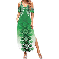 New Zealand Family Matching Summer Maxi Dress and Hawaiian Shirt Poutama Mix Green Taniko Inspired Art LT05 Mom's Dress Green - Polynesian Pride