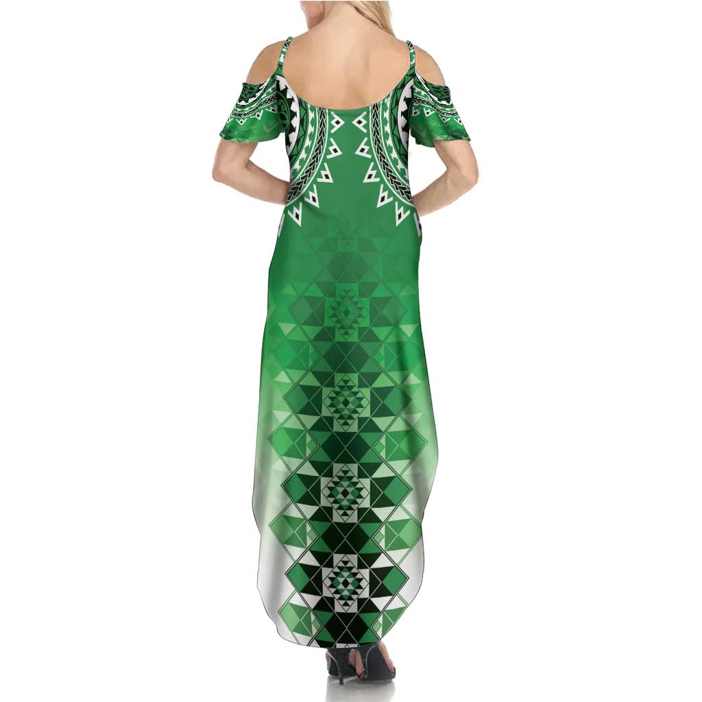 New Zealand Family Matching Summer Maxi Dress and Hawaiian Shirt Poutama Mix Green Taniko Inspired Art LT05 - Polynesian Pride