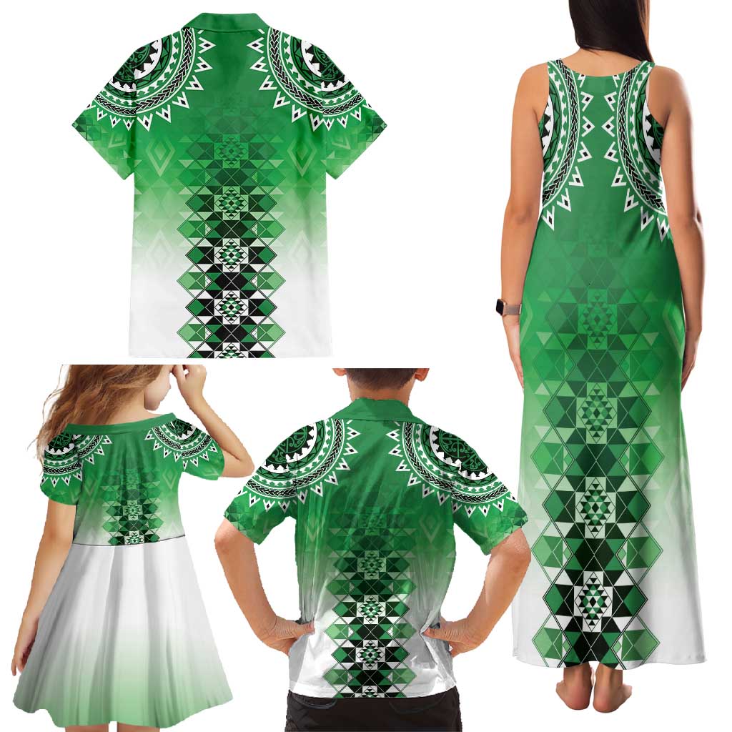 New Zealand Family Matching Tank Maxi Dress and Hawaiian Shirt Poutama Mix Green Taniko Inspired Art LT05 - Polynesian Pride