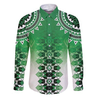 New Zealand Family Matching Tank Maxi Dress and Hawaiian Shirt Poutama Mix Green Taniko Inspired Art LT05 Dad's Shirt - Long Sleeve Green - Polynesian Pride