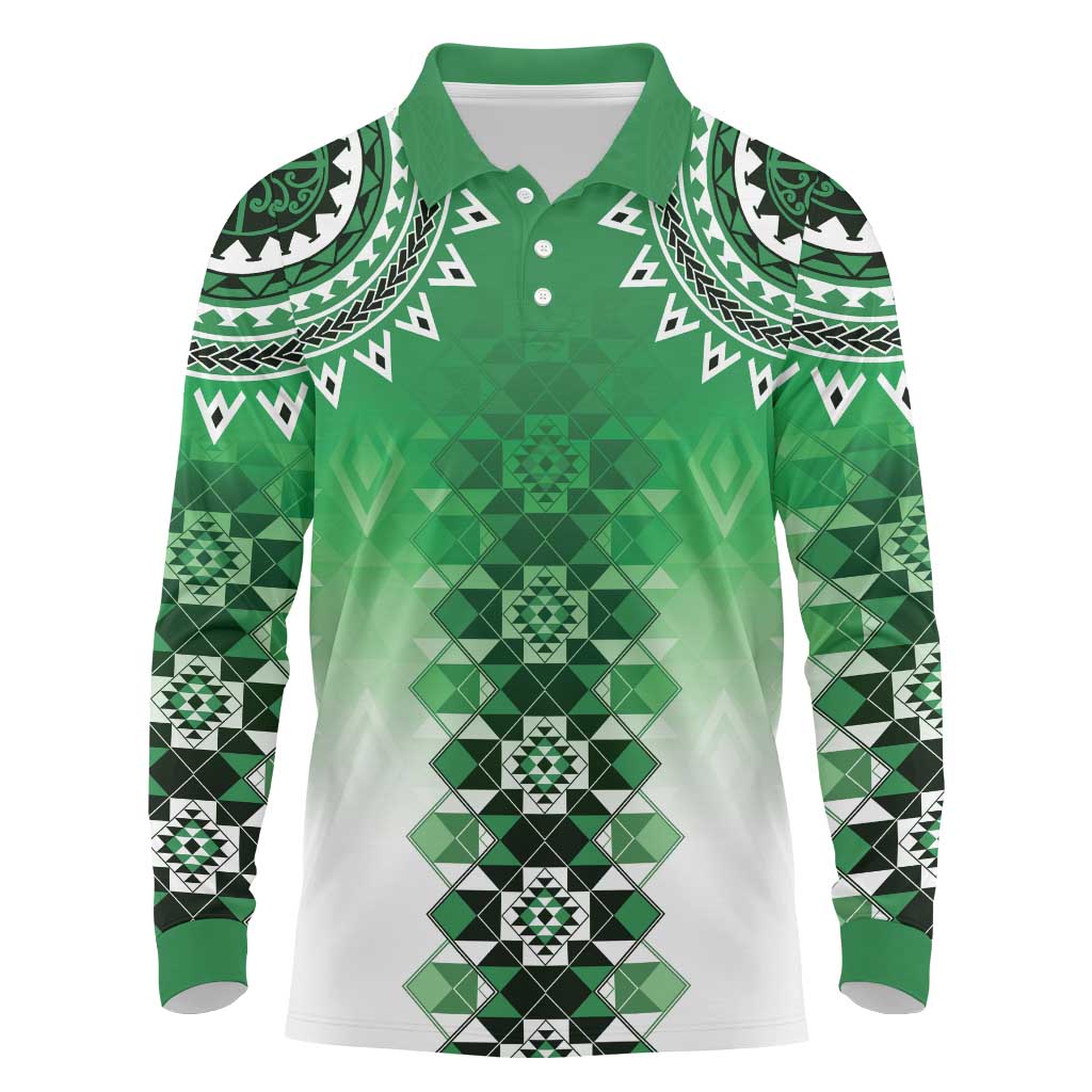 New Zealand Long Sleeve Polo Shirt Poutama Mix Green Taniko Inspired Art LT05