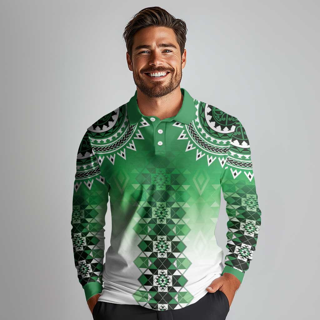 New Zealand Long Sleeve Polo Shirt Poutama Mix Green Taniko Inspired Art LT05
