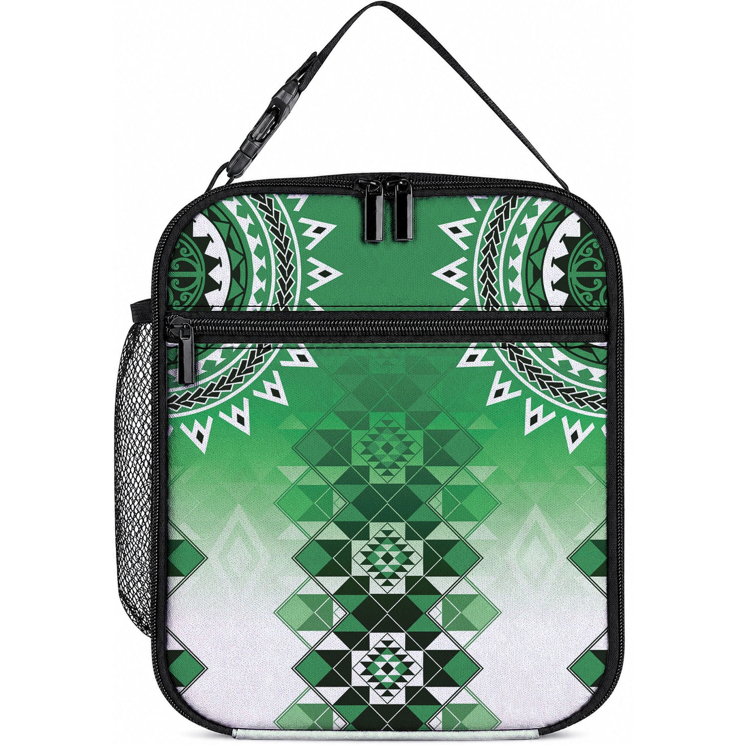 New Zealand Lunch Bag Poutama Mix Green Taniko Inspired Art LT05 10.2 × 8.3 × 4.3 inch Green - Polynesian Pride