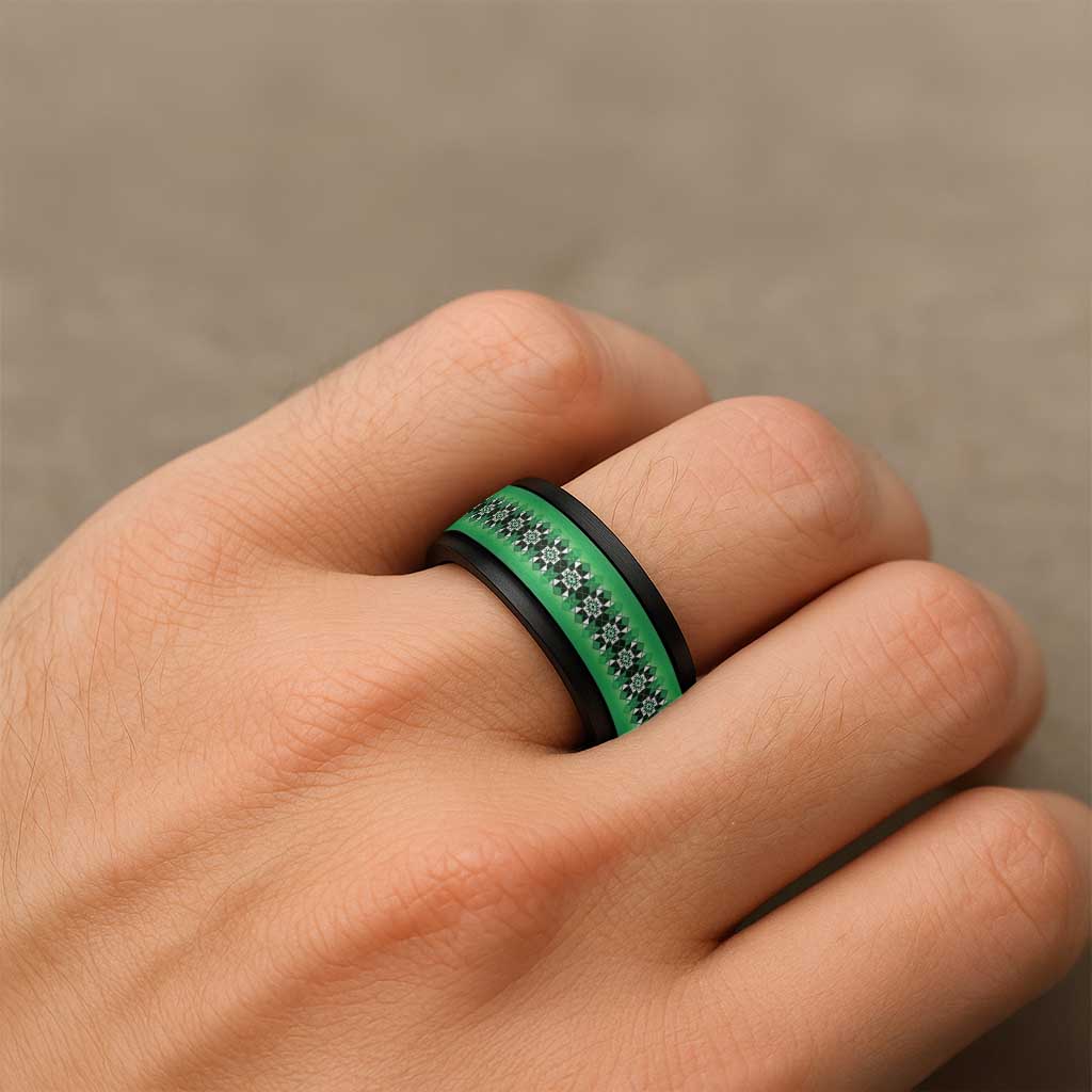 New Zealand Spinner Ring Poutama Mix Green Taniko Inspired Art - Polynesian Pride