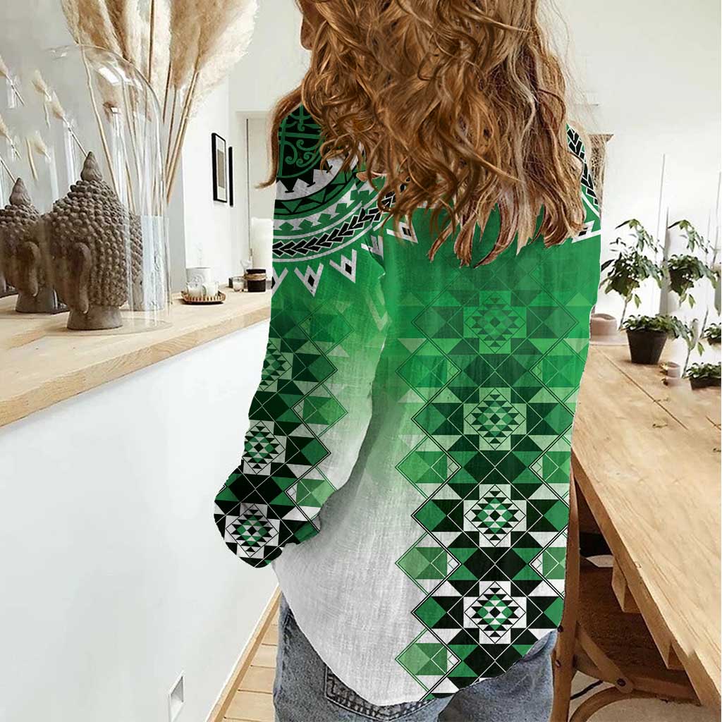 New Zealand Women Casual Shirt Poutama Mix Green Taniko Inspired Art LT05 - Polynesian Pride