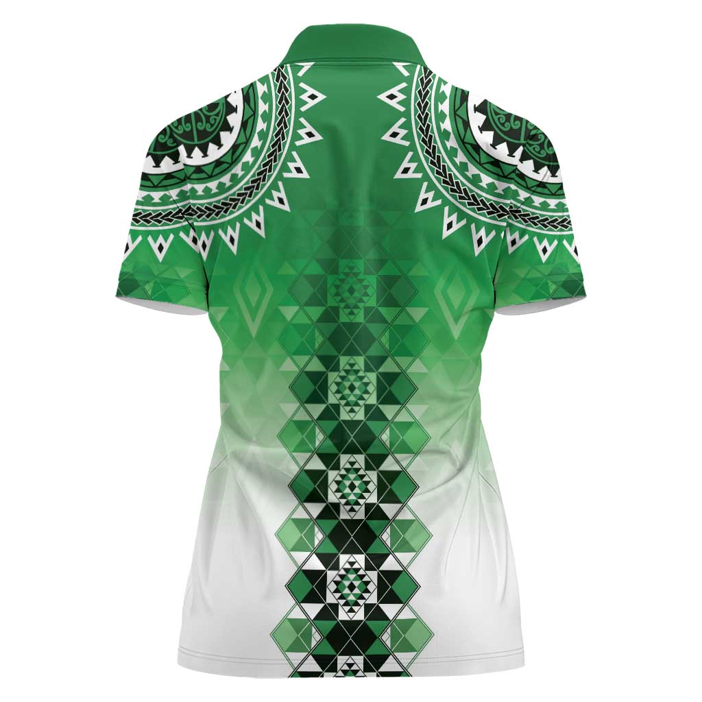 New Zealand Women Polo Shirt Poutama Mix Green Taniko Inspired Art LT05 - Polynesian Pride