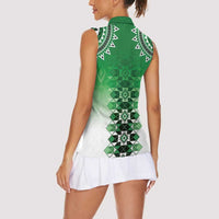 New Zealand Women Sleeveless Polo Shirt Poutama Mix Green Taniko Inspired Art LT05