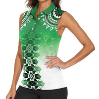 New Zealand Women Sleeveless Polo Shirt Poutama Mix Green Taniko Inspired Art LT05