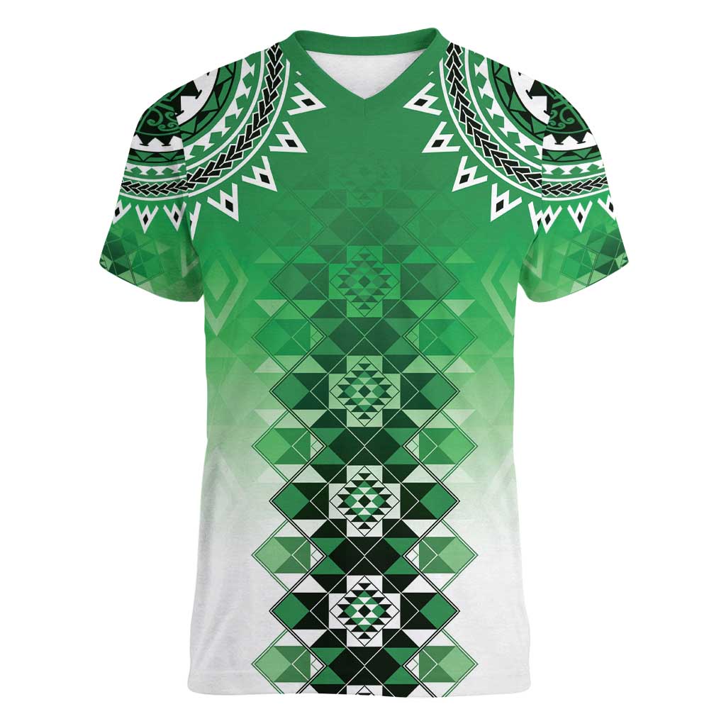 New Zealand Women V-Neck T-Shirt Poutama Mix Green Taniko Inspired Art LT05