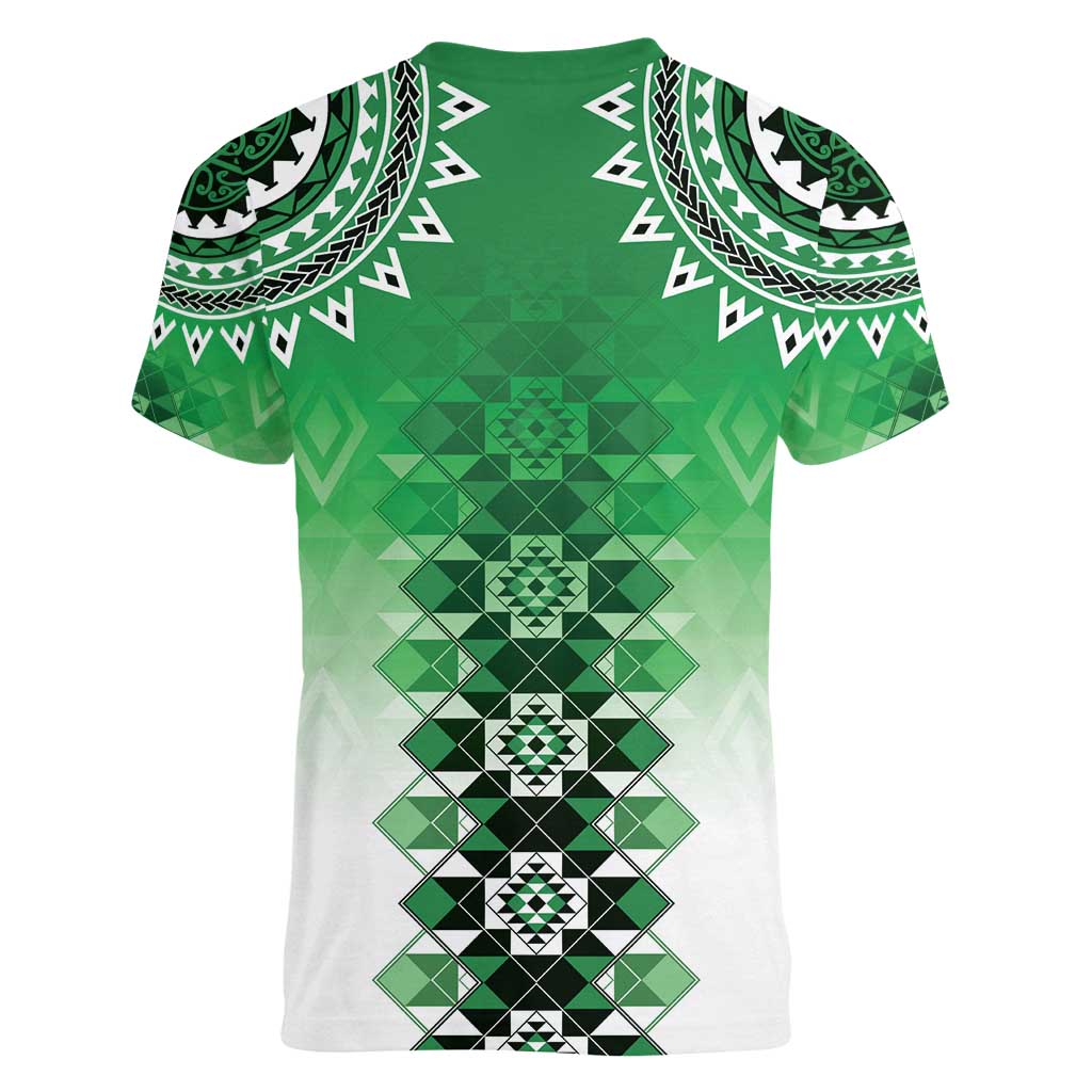 New Zealand Women V-Neck T-Shirt Poutama Mix Green Taniko Inspired Art LT05