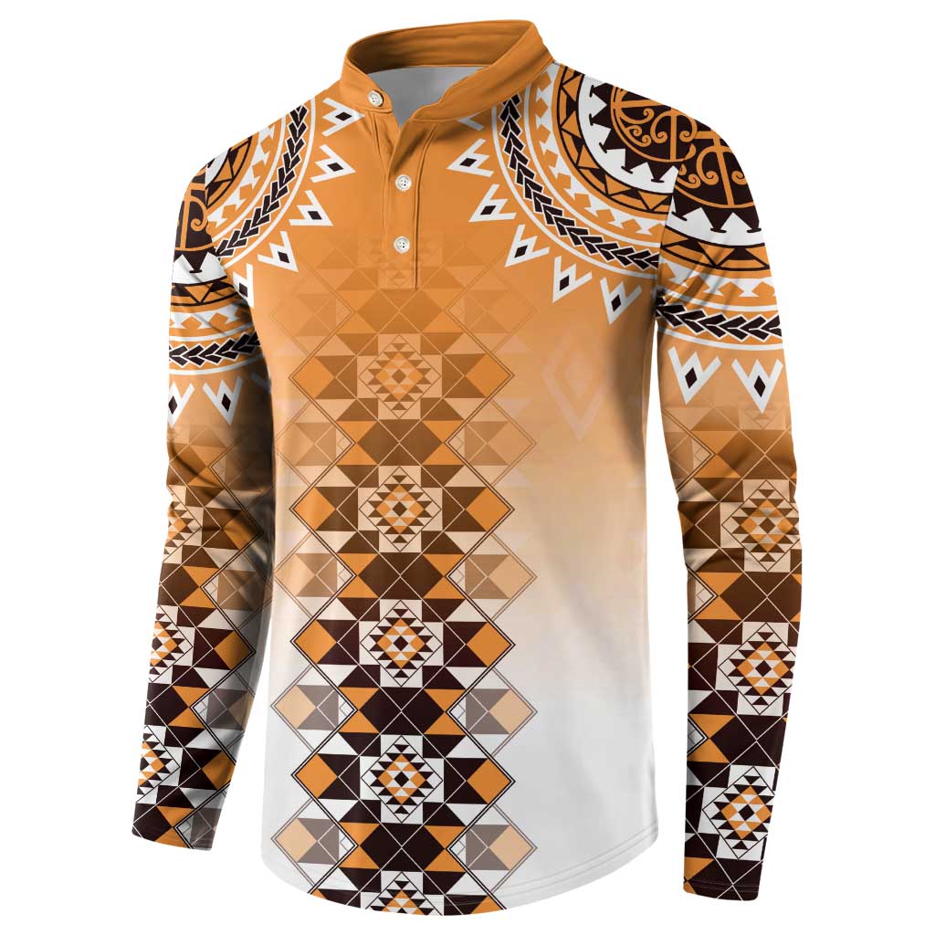 New Zealand Button Sweatshirt Poutama Mix Orange Taniko Inspired Art LT05
