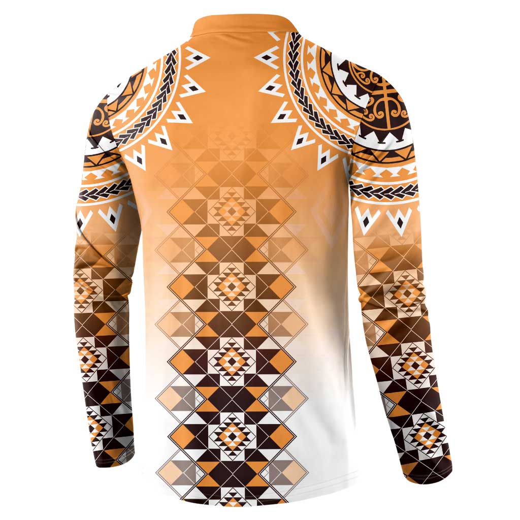 New Zealand Button Sweatshirt Poutama Mix Orange Taniko Inspired Art LT05