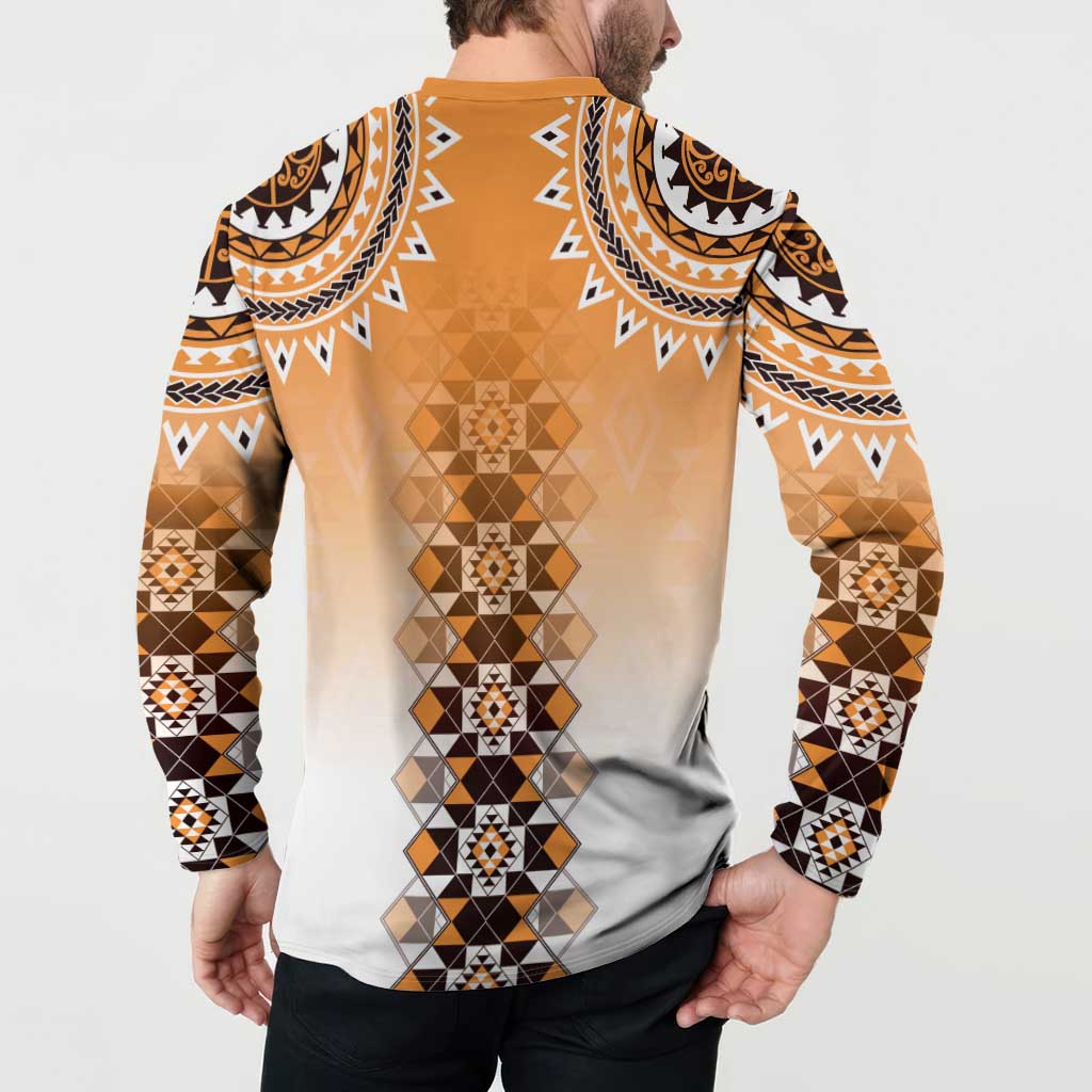 New Zealand Button Sweatshirt Poutama Mix Orange Taniko Inspired Art LT05