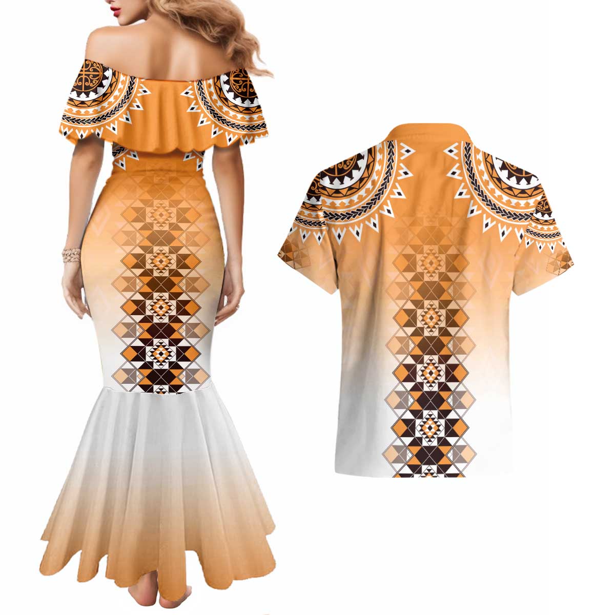 New Zealand Couples Matching Mermaid Dress and Hawaiian Shirt Poutama Mix Orange Taniko Inspired Art LT05 - Polynesian Pride