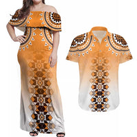 New Zealand Couples Matching Off Shoulder Maxi Dress and Hawaiian Shirt Poutama Mix Orange Taniko Inspired Art LT05 Orange - Polynesian Pride