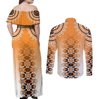 New Zealand Couples Matching Off Shoulder Maxi Dress and Long Sleeve Button Shirt Poutama Mix Orange Taniko Inspired Art LT05 - Polynesian Pride