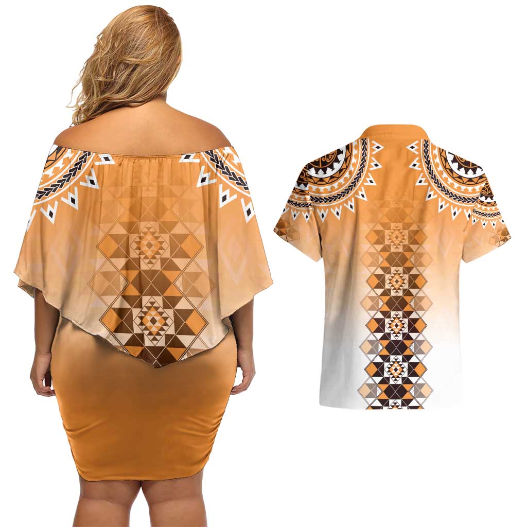 New Zealand Couples Matching Off Shoulder Short Dress and Hawaiian Shirt Poutama Mix Orange Taniko Inspired Art LT05 - Polynesian Pride