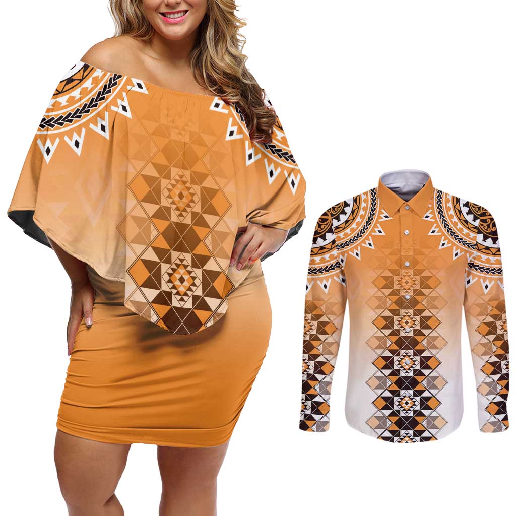 New Zealand Couples Matching Off Shoulder Short Dress and Long Sleeve Button Shirt Poutama Mix Orange Taniko Inspired Art LT05 Orange - Polynesian Pride