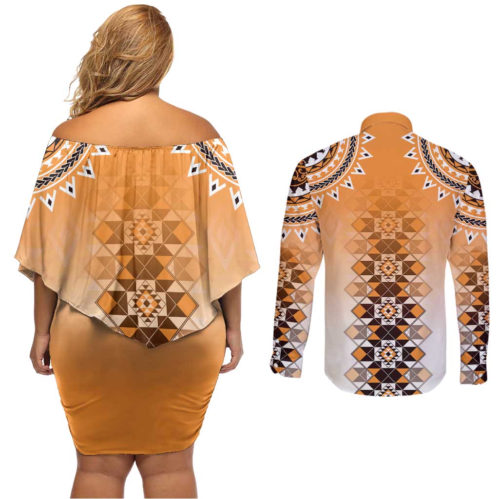 New Zealand Couples Matching Off Shoulder Short Dress and Long Sleeve Button Shirt Poutama Mix Orange Taniko Inspired Art LT05 - Polynesian Pride