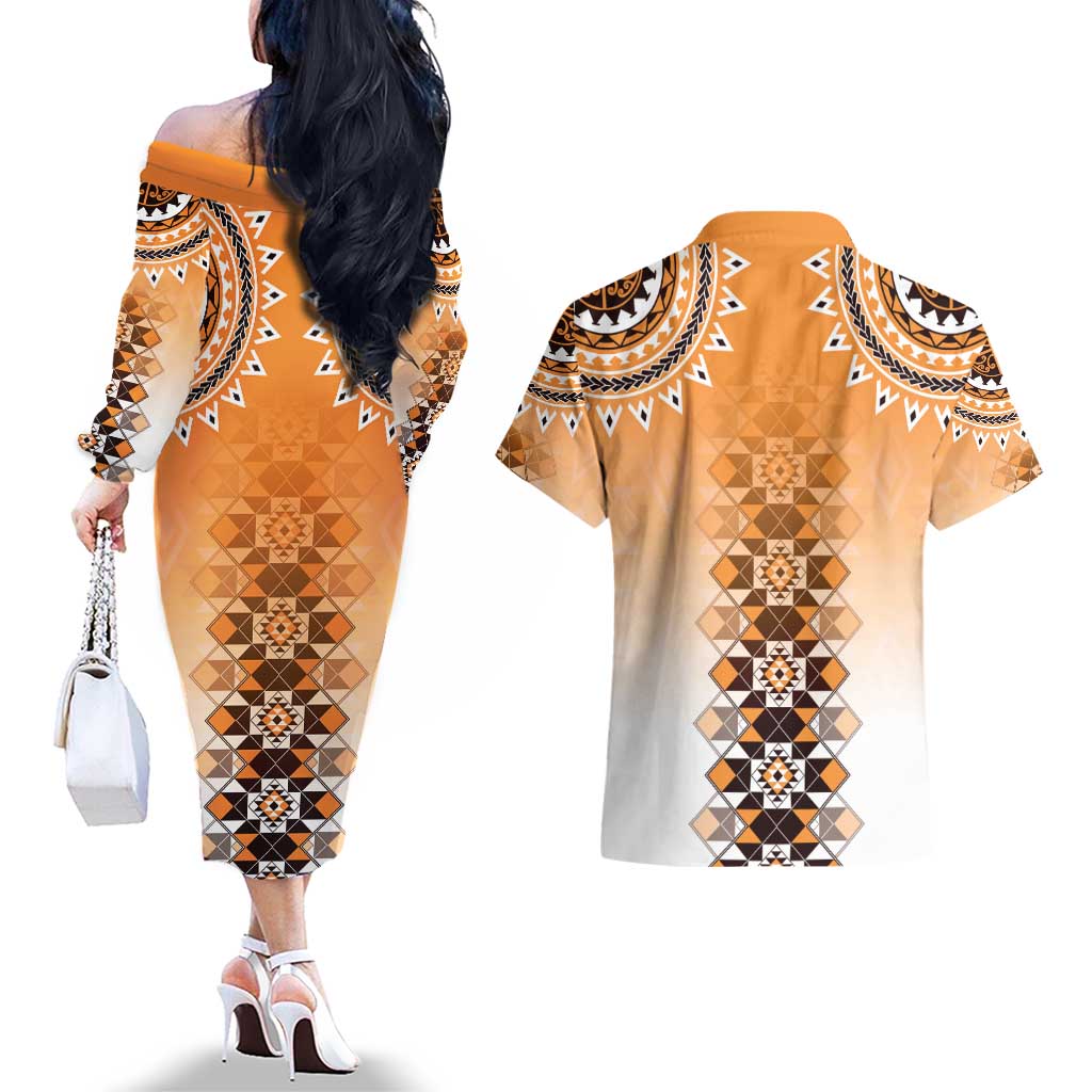 New Zealand Couples Matching Off The Shoulder Long Sleeve Dress and Hawaiian Shirt Poutama Mix Orange Taniko Inspired Art LT05 - Polynesian Pride