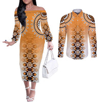 New Zealand Couples Matching Off The Shoulder Long Sleeve Dress and Long Sleeve Button Shirt Poutama Mix Orange Taniko Inspired Art LT05 Orange - Polynesian Pride