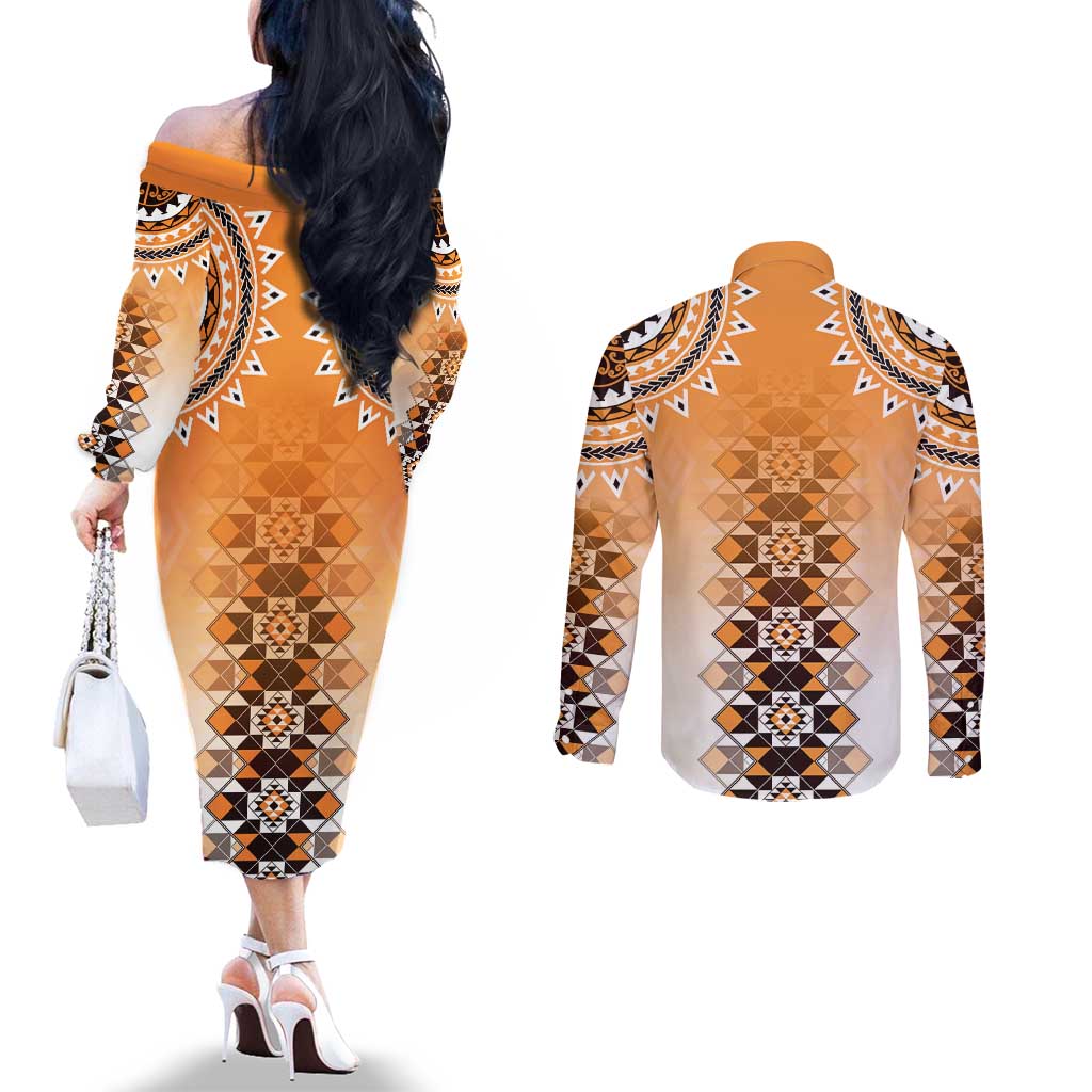 New Zealand Couples Matching Off The Shoulder Long Sleeve Dress and Long Sleeve Button Shirt Poutama Mix Orange Taniko Inspired Art LT05 - Polynesian Pride