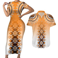 New Zealand Couples Matching Short Sleeve Bodycon Dress and Hawaiian Shirt Poutama Mix Orange Taniko Inspired Art LT05 Orange - Polynesian Pride