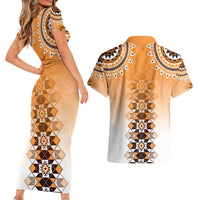New Zealand Couples Matching Short Sleeve Bodycon Dress and Hawaiian Shirt Poutama Mix Orange Taniko Inspired Art LT05 - Polynesian Pride