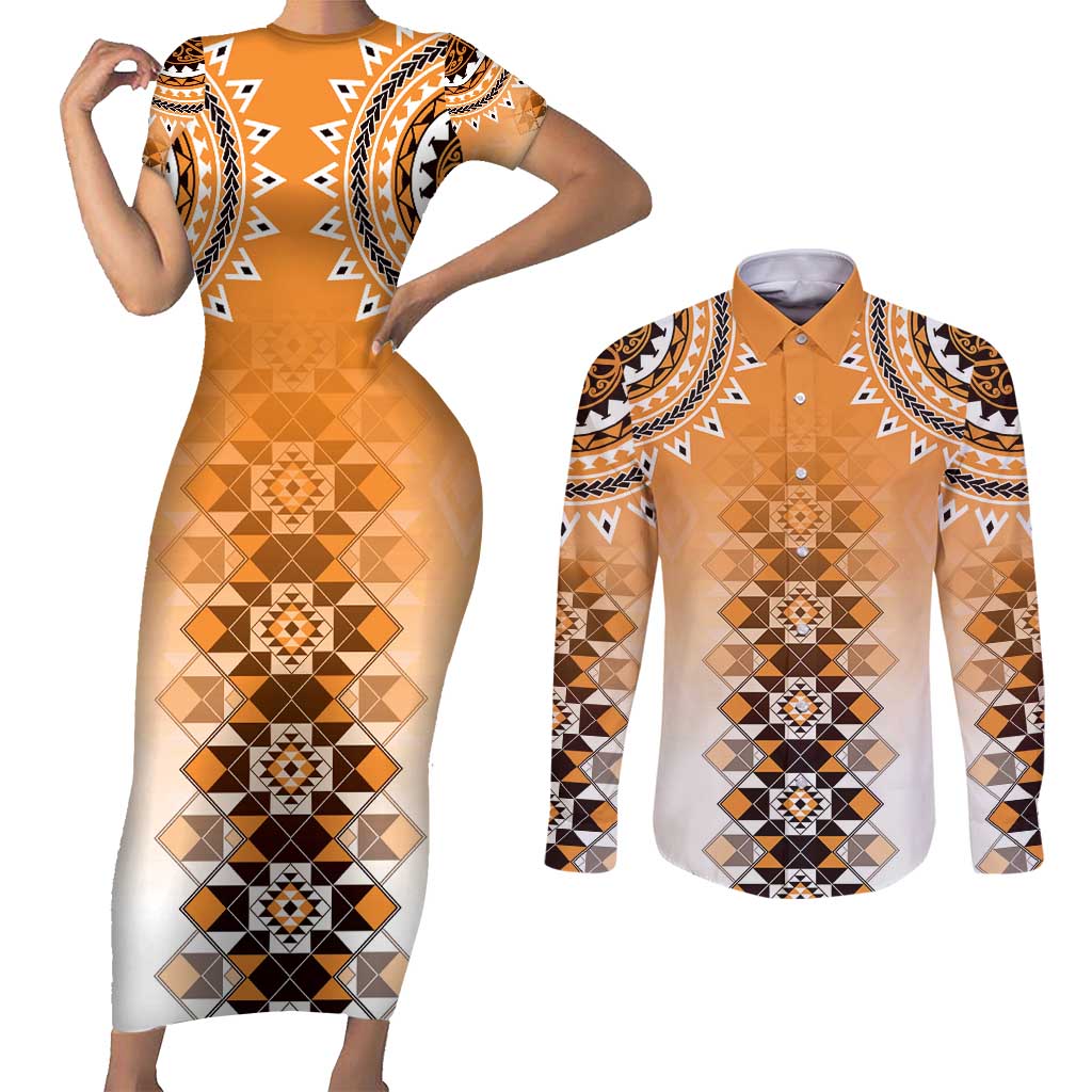 New Zealand Couples Matching Short Sleeve Bodycon Dress and Long Sleeve Button Shirt Poutama Mix Orange Taniko Inspired Art LT05 Orange - Polynesian Pride