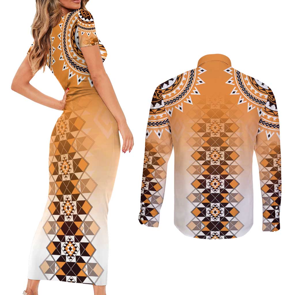 New Zealand Couples Matching Short Sleeve Bodycon Dress and Long Sleeve Button Shirt Poutama Mix Orange Taniko Inspired Art LT05 - Polynesian Pride