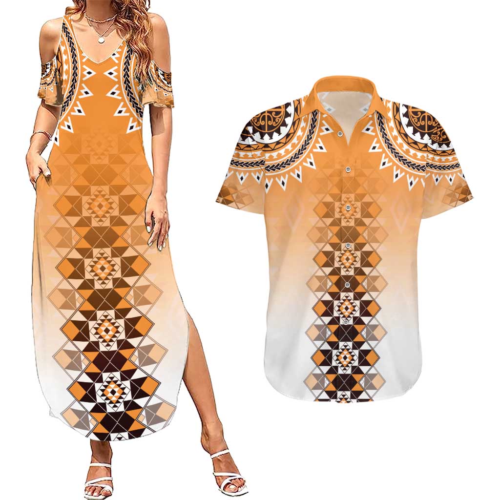 New Zealand Couples Matching Summer Maxi Dress and Hawaiian Shirt Poutama Mix Orange Taniko Inspired Art LT05 Orange - Polynesian Pride