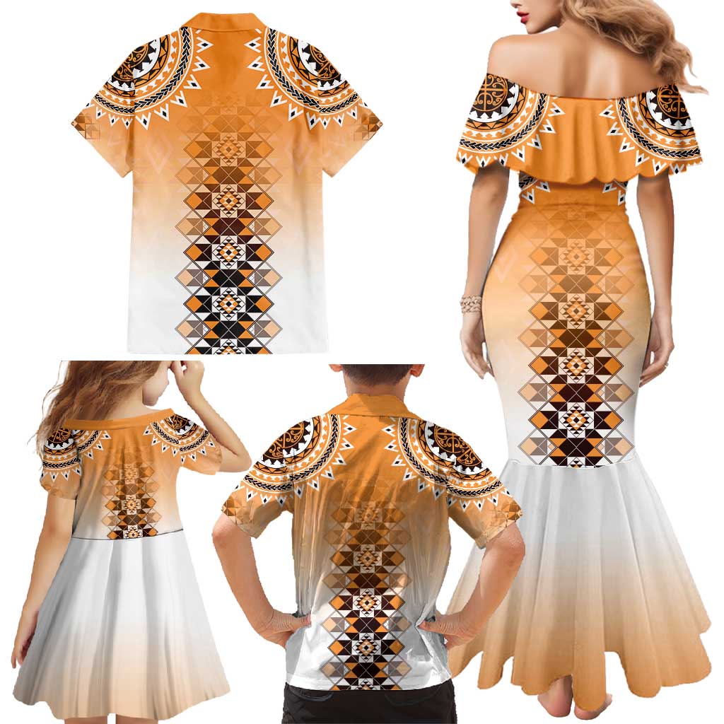New Zealand Family Matching Mermaid Dress and Hawaiian Shirt Poutama Mix Orange Taniko Inspired Art LT05 - Polynesian Pride
