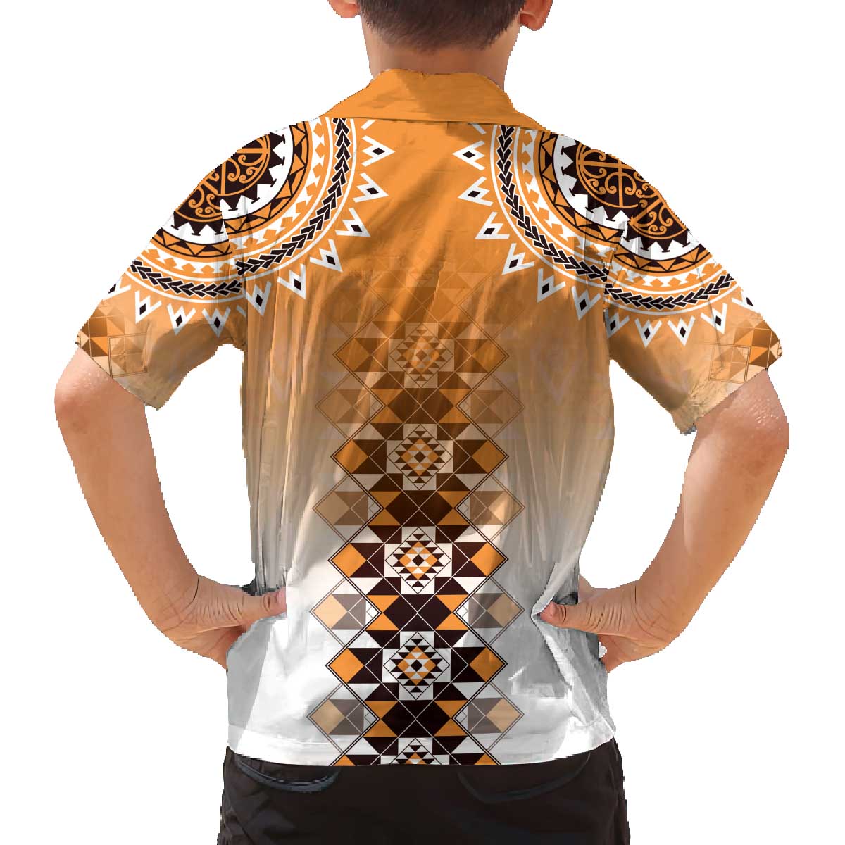 New Zealand Family Matching Off The Shoulder Long Sleeve Dress and Hawaiian Shirt Poutama Mix Orange Taniko Inspired Art LT05 - Polynesian Pride
