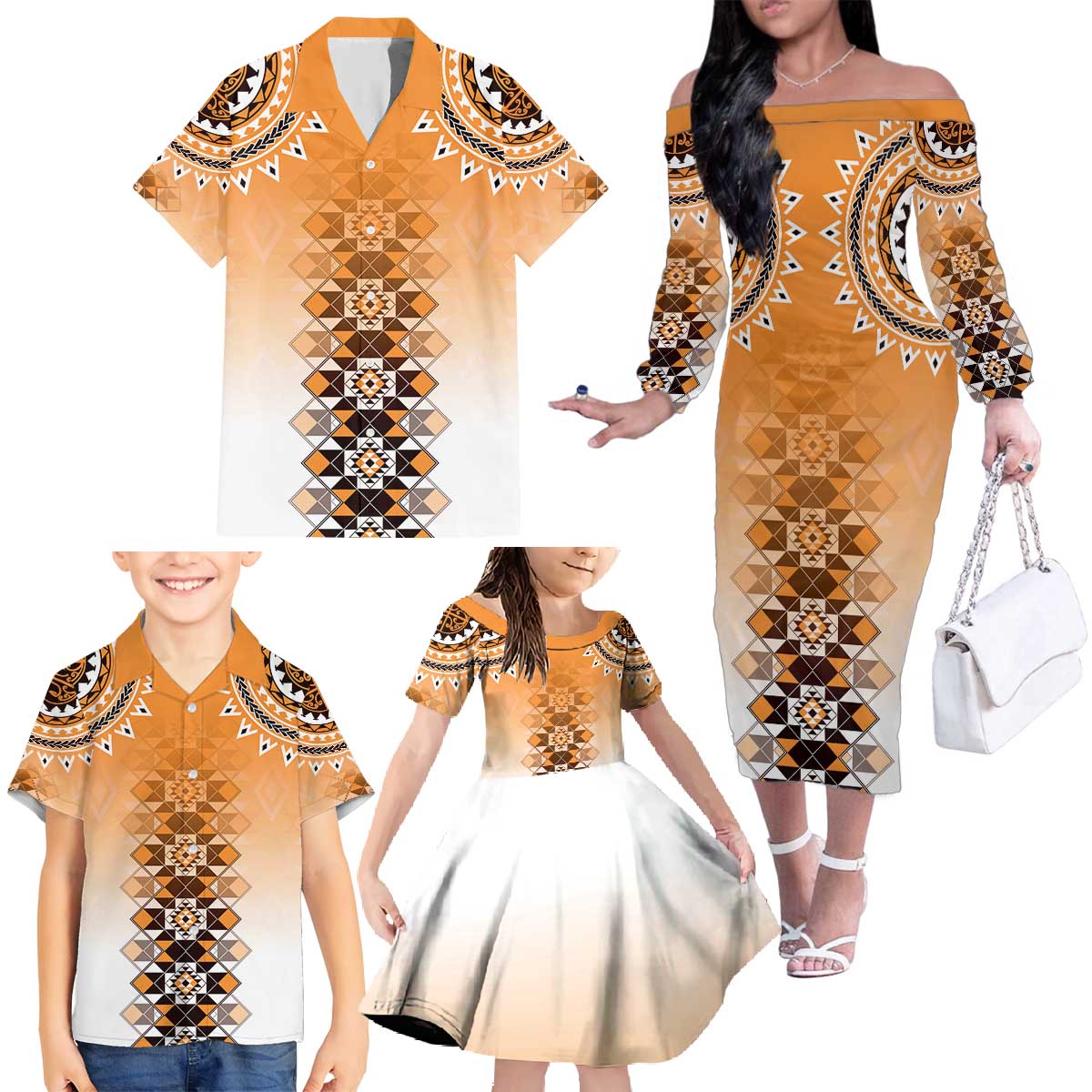 New Zealand Family Matching Off The Shoulder Long Sleeve Dress and Hawaiian Shirt Poutama Mix Orange Taniko Inspired Art LT05 - Polynesian Pride
