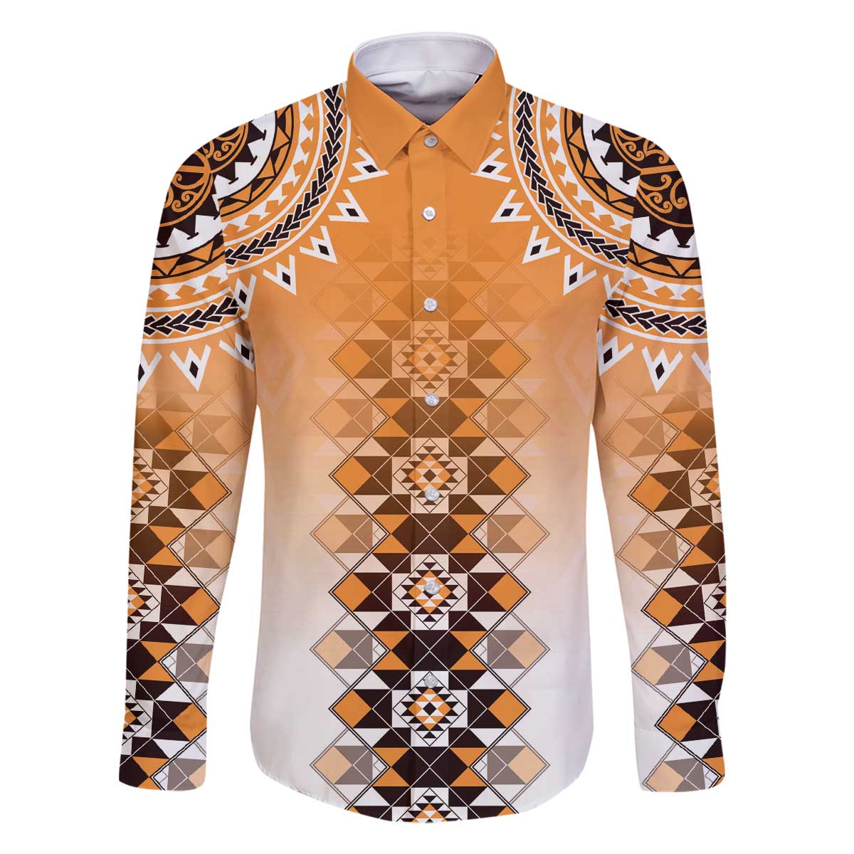 New Zealand Family Matching Off The Shoulder Long Sleeve Dress and Hawaiian Shirt Poutama Mix Orange Taniko Inspired Art LT05 Dad's Shirt - Long Sleeve Orange - Polynesian Pride