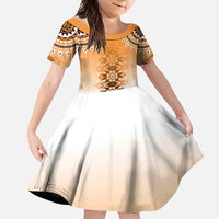 New Zealand Family Matching Off Shoulder Maxi Dress and Hawaiian Shirt Poutama Mix Orange Taniko Inspired Art LT05 Daughter's Dress Orange - Polynesian Pride