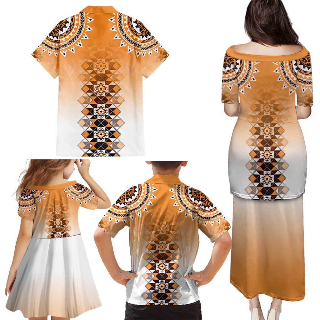 New Zealand Family Matching Puletasi and Hawaiian Shirt Poutama Mix Orange Taniko Inspired Art LT05 - Polynesian Pride