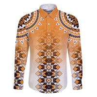 New Zealand Family Matching Puletasi and Hawaiian Shirt Poutama Mix Orange Taniko Inspired Art LT05 Dad's Shirt - Long Sleeve Orange - Polynesian Pride