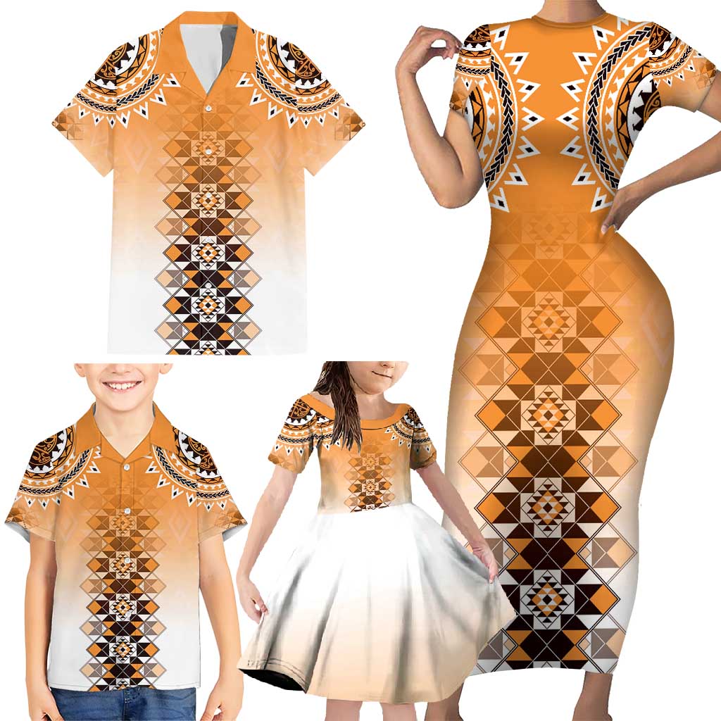 New Zealand Family Matching Short Sleeve Bodycon Dress and Hawaiian Shirt Poutama Mix Orange Taniko Inspired Art LT05 - Polynesian Pride