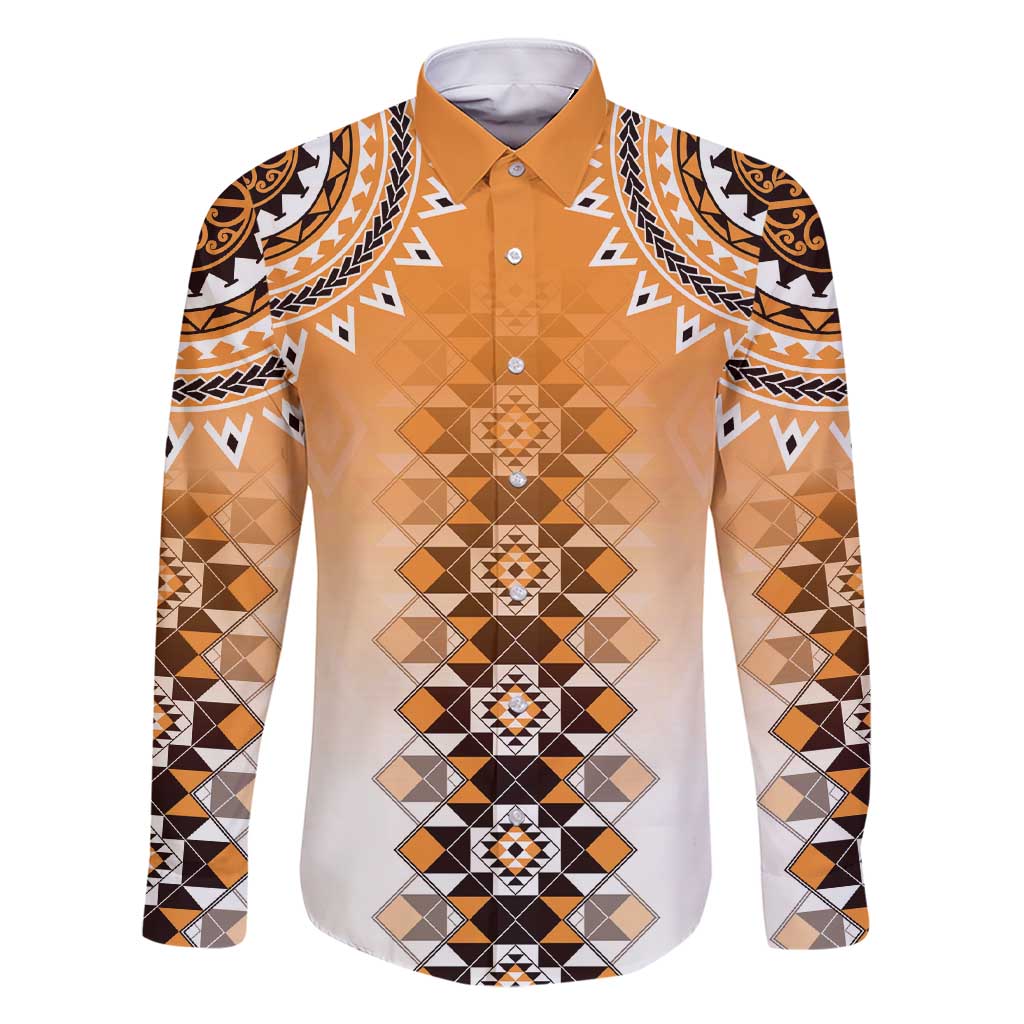 New Zealand Family Matching Short Sleeve Bodycon Dress and Hawaiian Shirt Poutama Mix Orange Taniko Inspired Art LT05 Dad's Shirt - Long Sleeve Orange - Polynesian Pride