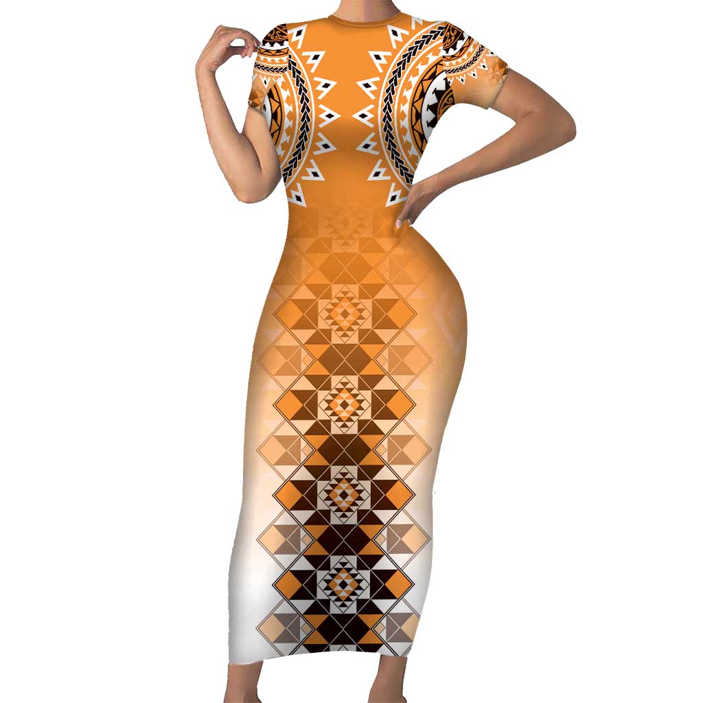 New Zealand Family Matching Short Sleeve Bodycon Dress and Hawaiian Shirt Poutama Mix Orange Taniko Inspired Art LT05 Mom's Dress Orange - Polynesian Pride