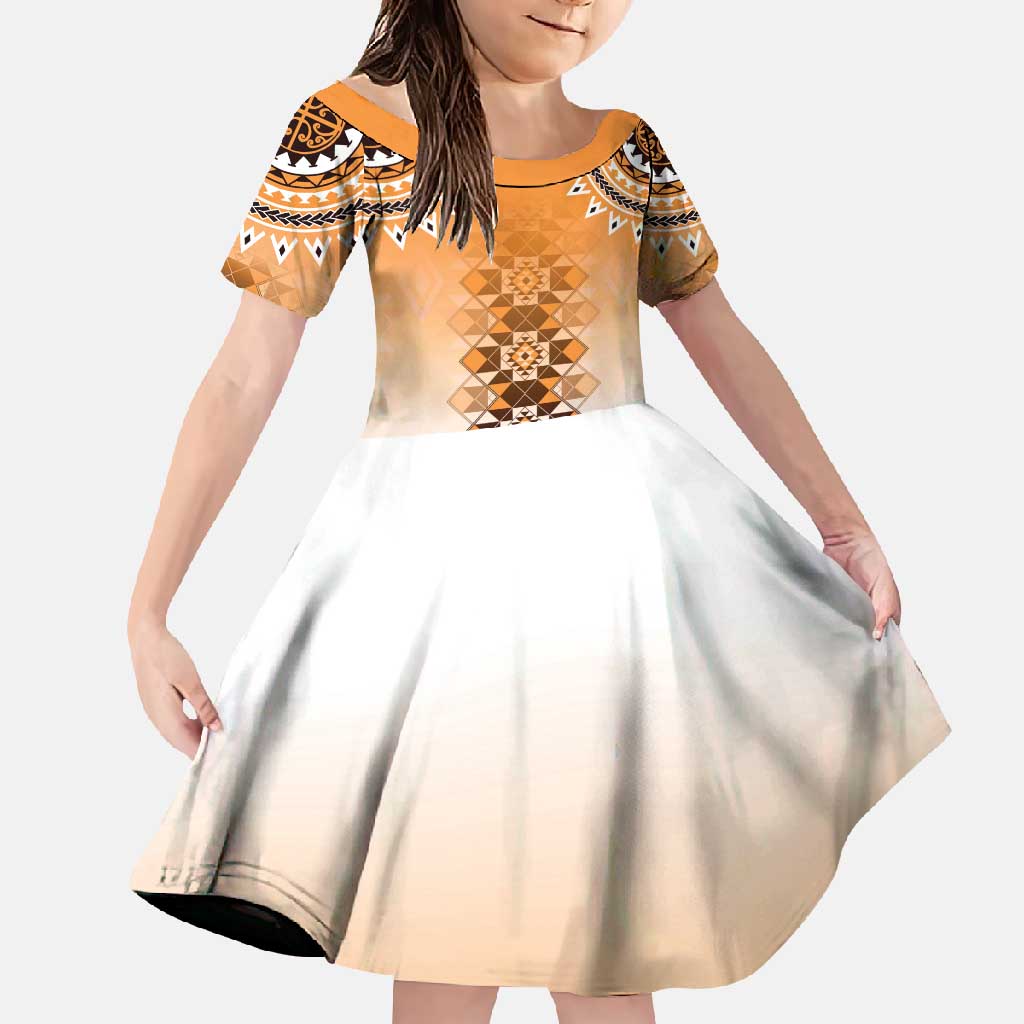 New Zealand Family Matching Summer Maxi Dress and Hawaiian Shirt Poutama Mix Orange Taniko Inspired Art LT05 Daughter's Dress Orange - Polynesian Pride