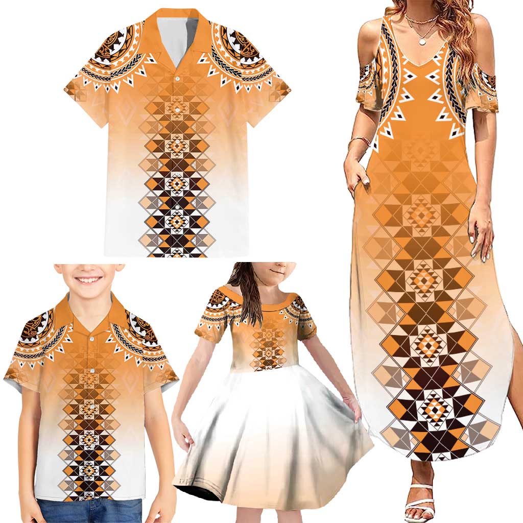 New Zealand Family Matching Summer Maxi Dress and Hawaiian Shirt Poutama Mix Orange Taniko Inspired Art LT05 - Polynesian Pride