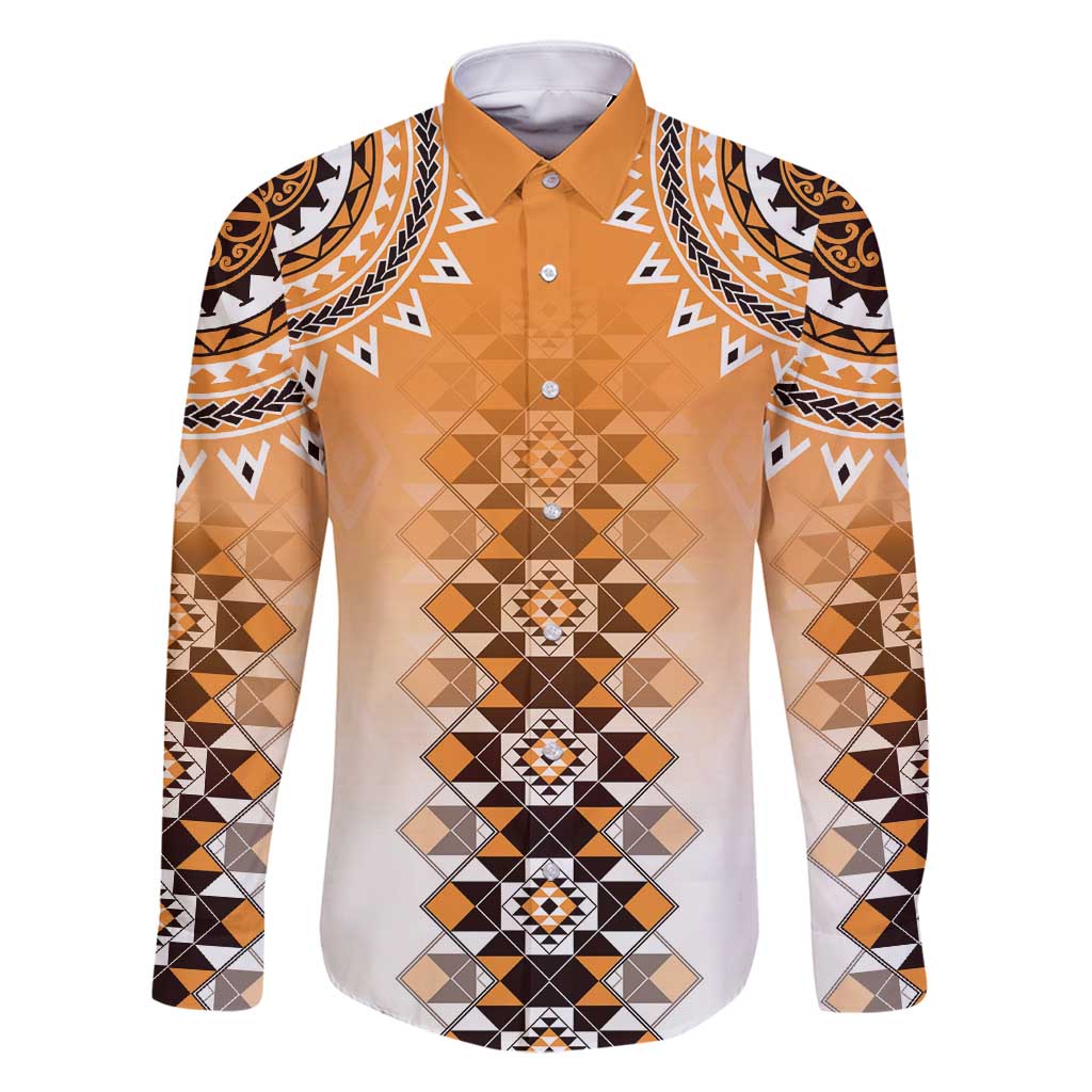 New Zealand Family Matching Summer Maxi Dress and Hawaiian Shirt Poutama Mix Orange Taniko Inspired Art LT05 Dad's Shirt - Long Sleeve Orange - Polynesian Pride