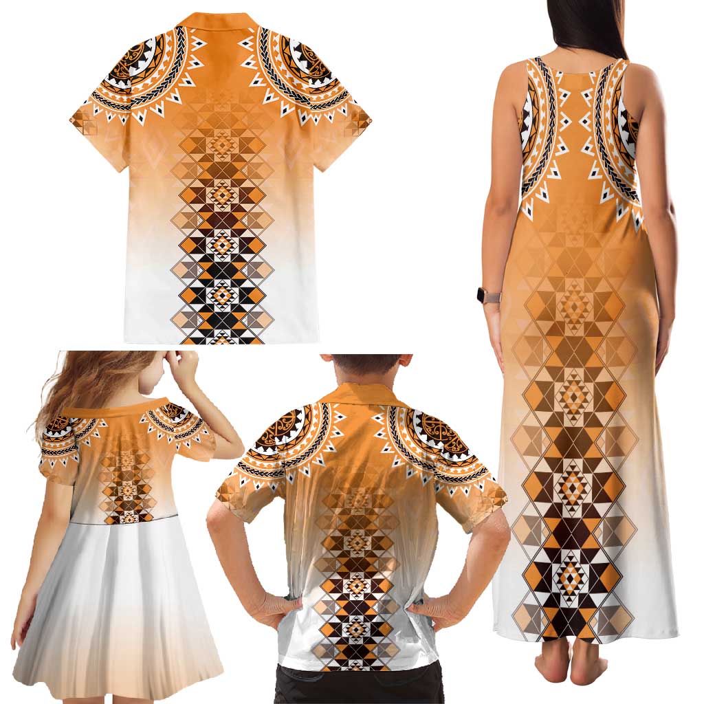 New Zealand Family Matching Tank Maxi Dress and Hawaiian Shirt Poutama Mix Orange Taniko Inspired Art LT05 - Polynesian Pride