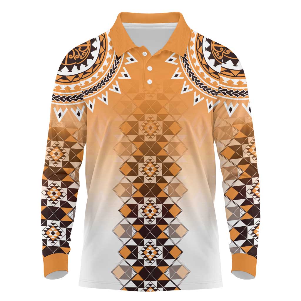 New Zealand Long Sleeve Polo Shirt Poutama Mix Orange Taniko Inspired Art LT05
