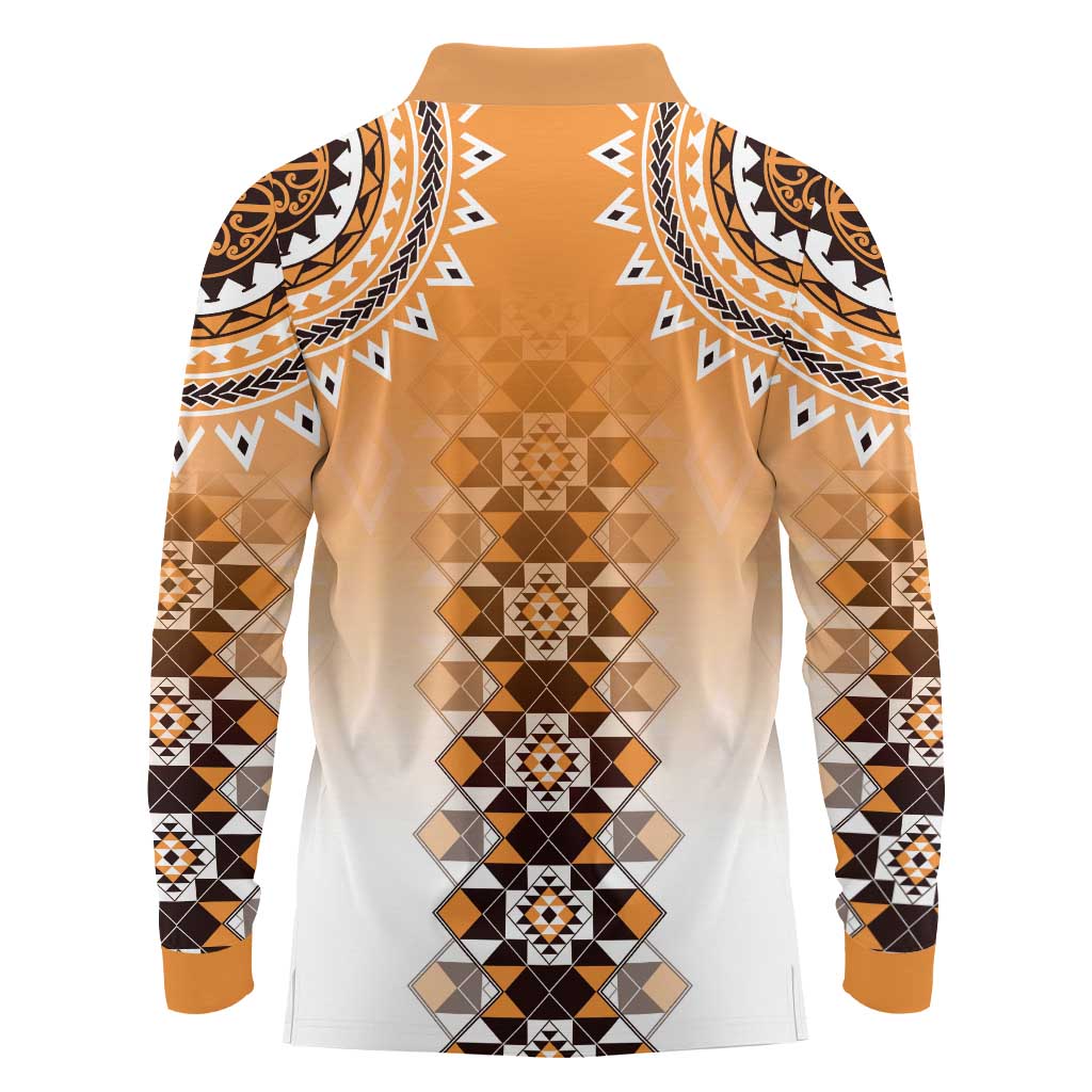New Zealand Long Sleeve Polo Shirt Poutama Mix Orange Taniko Inspired Art LT05